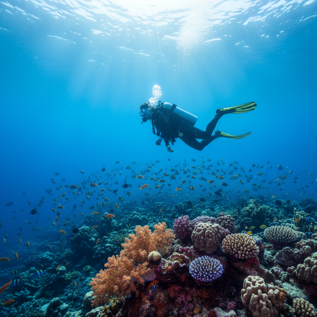 Scuba diving in Bali with colorful coral and tropical fish